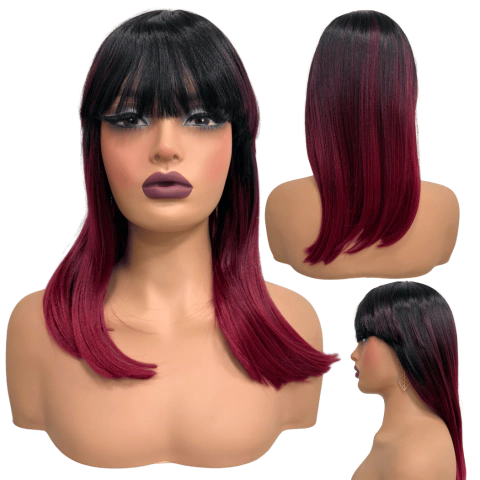 Peruca lisa marsala vermelha preta média com franja 40cm