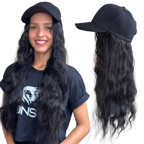Peruca disfarce embutida em boné longa ondulada fibra 55cm