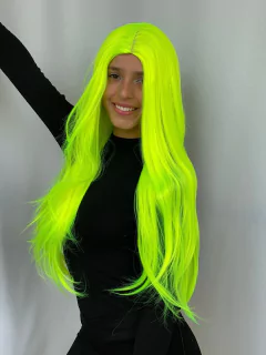 Peruca verde neon amarela lisa com divisão ao meio 70cm - Perucas & Laces LIONSWIG