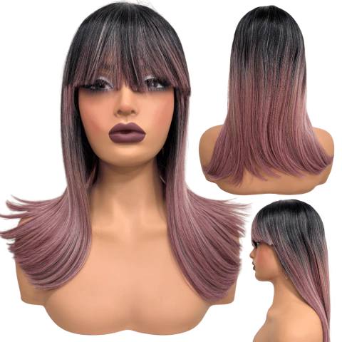 Peruca lisa ombre hair preto franja roxo lilás cosplay 40cm