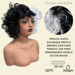 Peruca Cruela preto e branco cacheada curta com franja - comprar online
