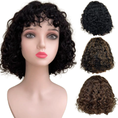 Peruca cacheada curta preta humana com franja e lace no topo