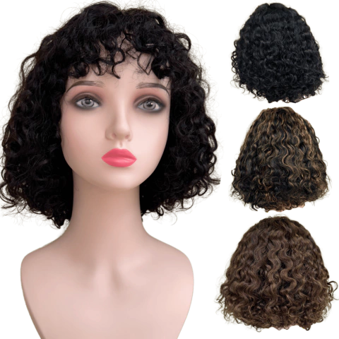 Peruca cacheada curta preta humana com franja e lace no topo