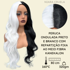 Peruca Cruela ondulada longa 80cm repartida meio halloween - comprar online