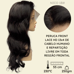 Peruca front lace HD humana ondulada preto natural 55cm - comprar online