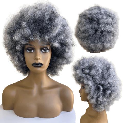 Peruca Cacheada Crespa Platinada Cinza Black Power Volumosa