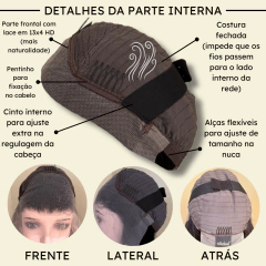 Peruca humana long bob front lace 13x4 HD preta natural mostrando o interior da touca e todas as suas dimensões e características
