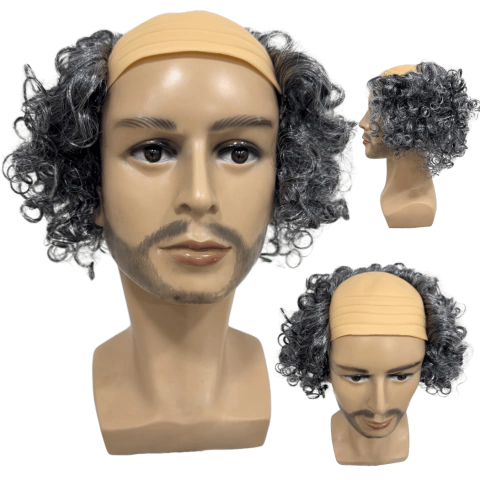 Peruca com careca do vovô idoso cacheada branca e grisalha