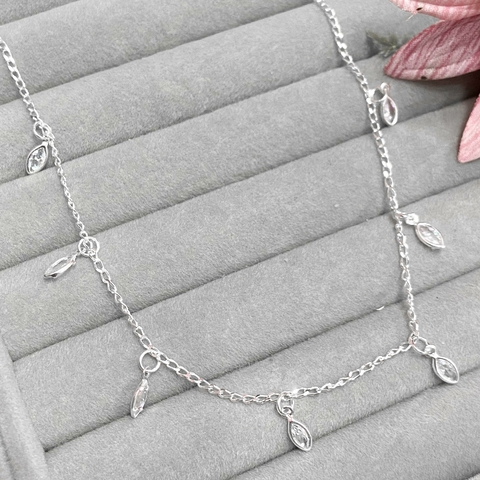 Choker zircônias oval corrente 1x1 35cm + 5cm de extensor prata 925 legítima