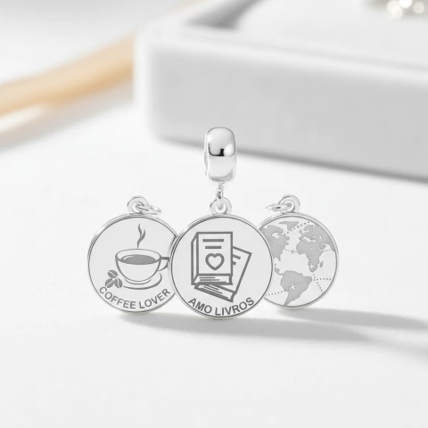 Kit 3 Berloques: Amo Livros + Coffee Lover + Mapa Mundi Prata 925 com garantia