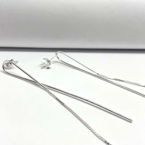 Brinco 2 fios estilo anzol metade de veneziana 6,5cm prata 925