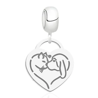 Berloque coração com alça gato e cachorro prata 925 legítima