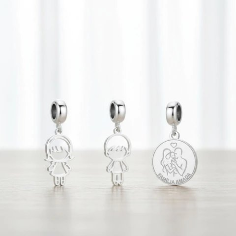 Kit 3 berloques menina vazada + berloque menino vazado + berloque família amada prata 925 + garantia