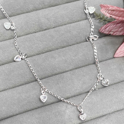 Choker 7 corações corrente 1x1 35cm + 5cm de extensor prata 925 legítima