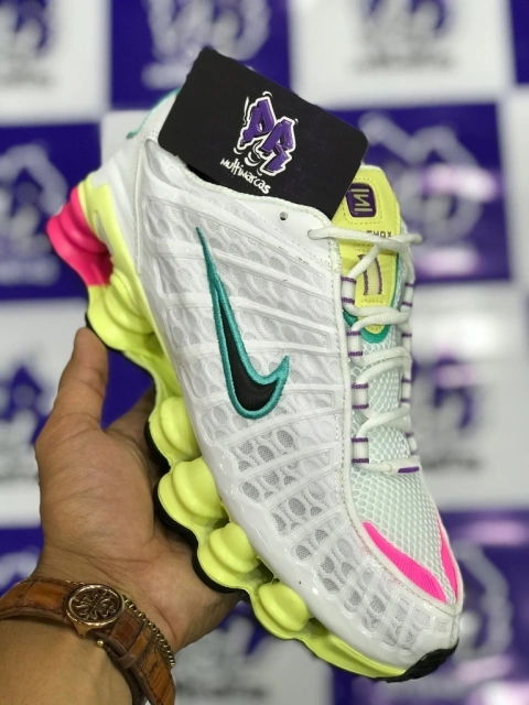 nike shox tl 12 molas branco/amarelo/rosa