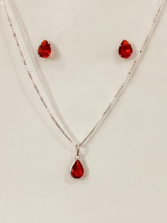 conjunto colar e brinco gota rubi prata 925 - Aure Joias