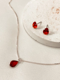conjunto colar e brinco gota rubi prata 925