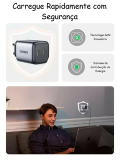 Carregador UGREEN 45W Nexode 2 portas USB C com suporte para tecnologia GaN II compatível com Galaxy S22 Ultra, S21, MacBook Air, iPhone 14 Pro Max, 14 Plus etc. - CABOS FRON