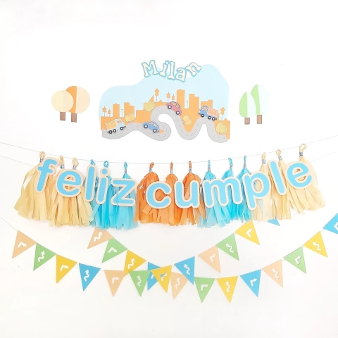 KIT CARTEL AUTITOS + GUIRNALDAS + 15 BORLAS