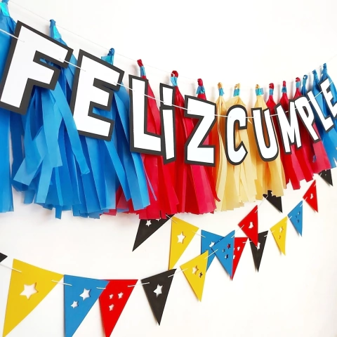 KIT FELIZ CUMPLE + 15 BORLAS + MINI BANDERINES