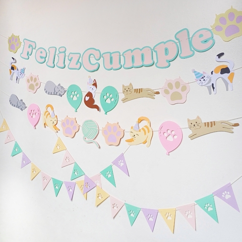 KIT TRIPLE GUIRNALDA GATITOS + MINI BANDERINES