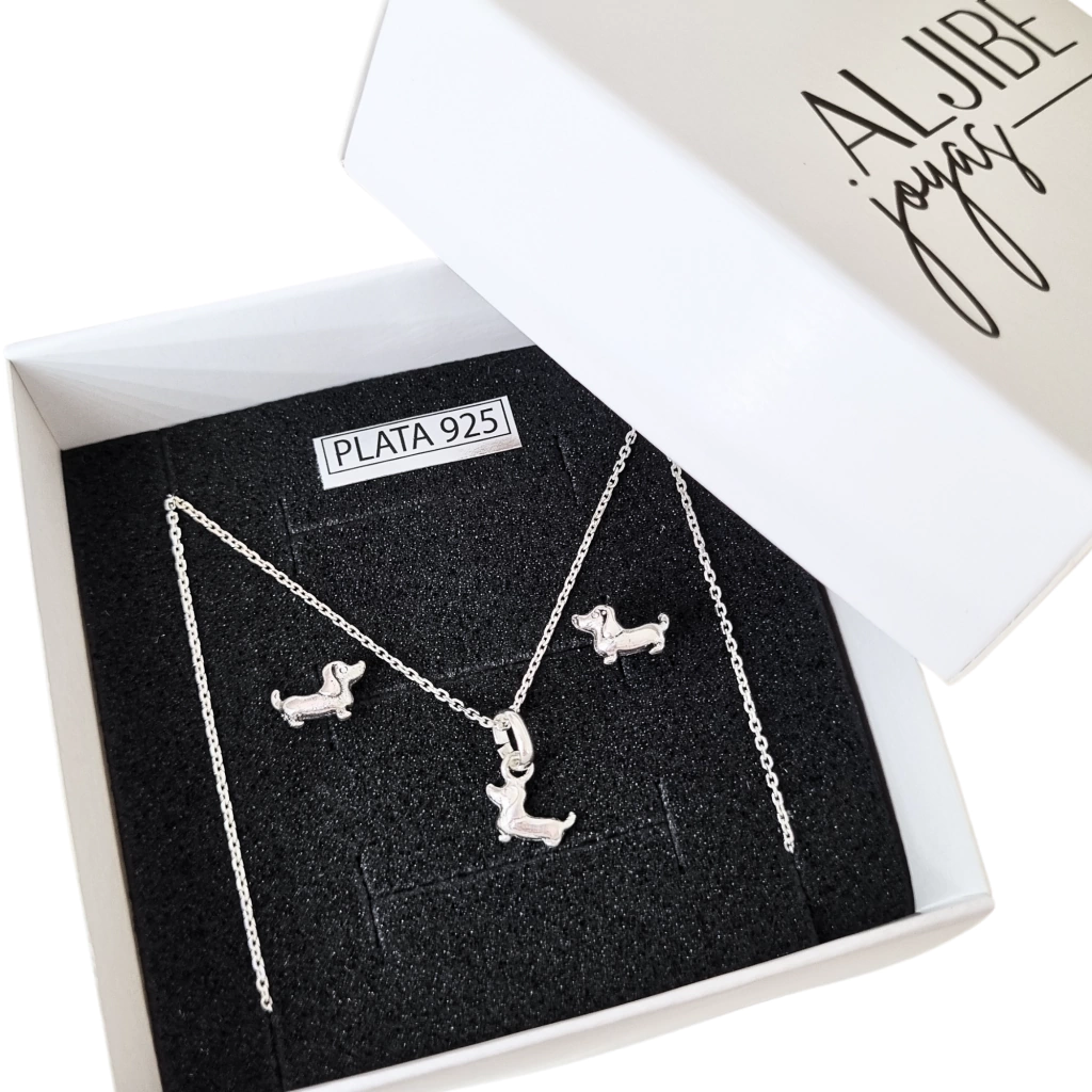 Conjunto Cadena Forcet y Aros Perro Salchicha de Plata 925