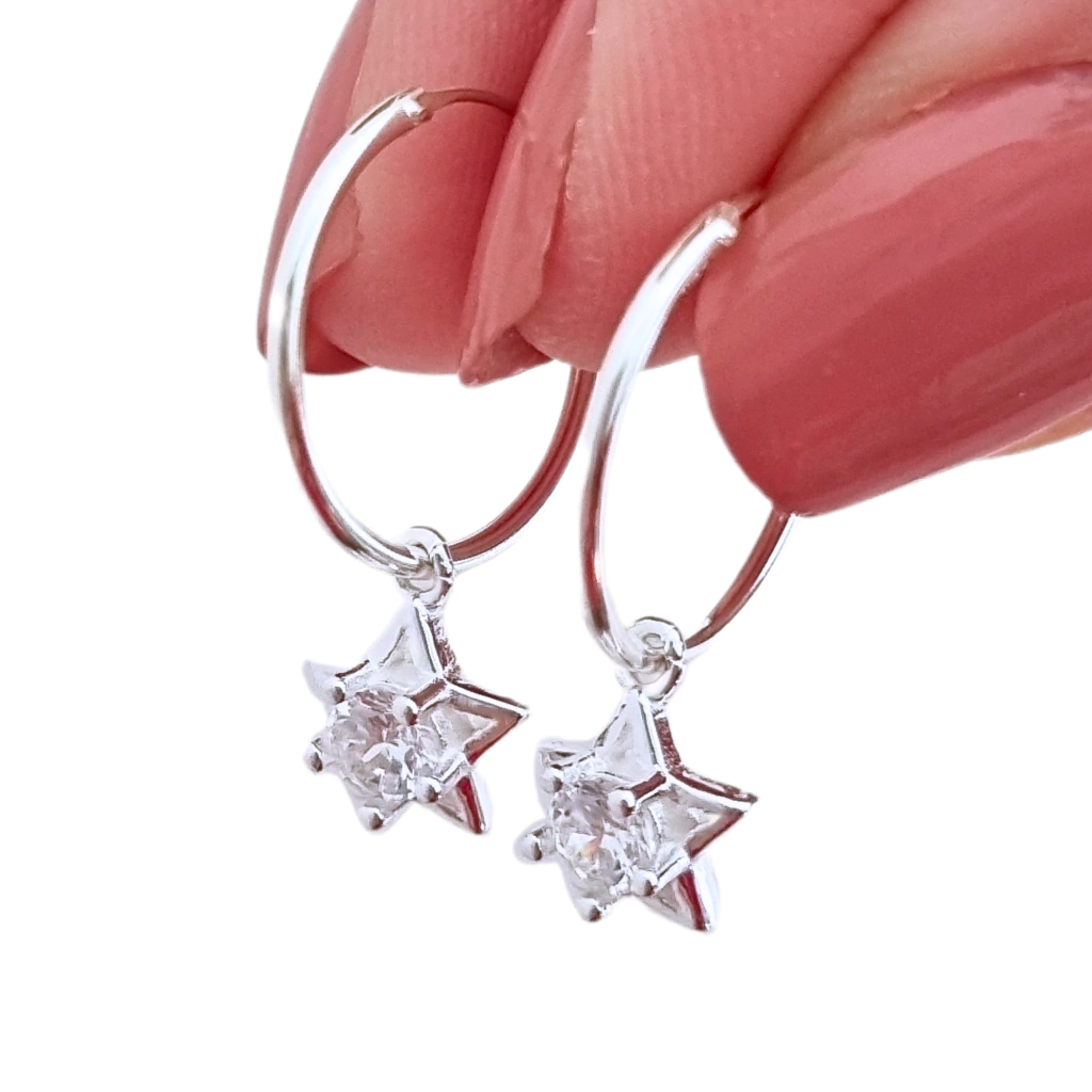 Aros argolla 16mm con Dije Estrella Cubic Engarzado de Plata 925 por Par