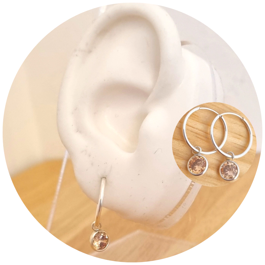 Argollas 13mm con Dije Círculo Cubic Ámbar de Plata 925 por Par