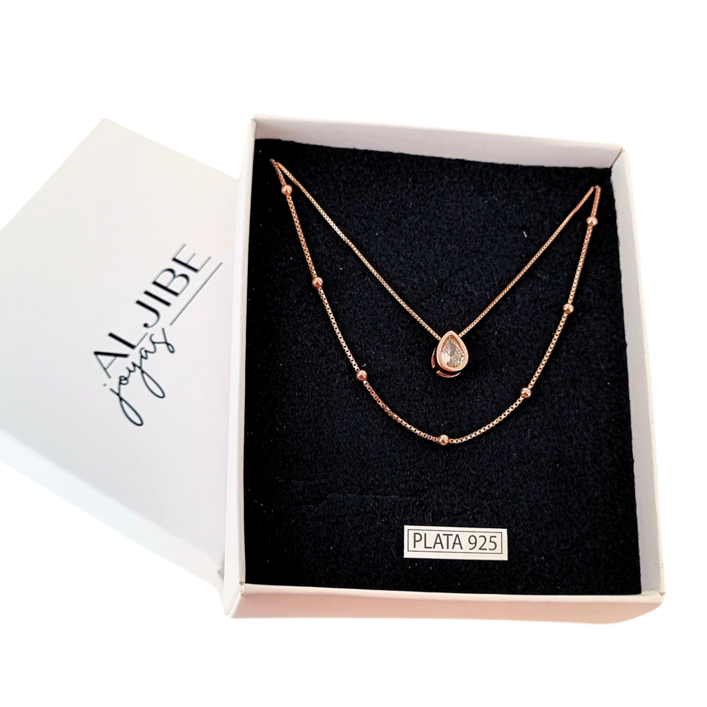 Conjunto Cadena Veneciana Bolitas Dije Gota Cubic Plata 925 Rosé
