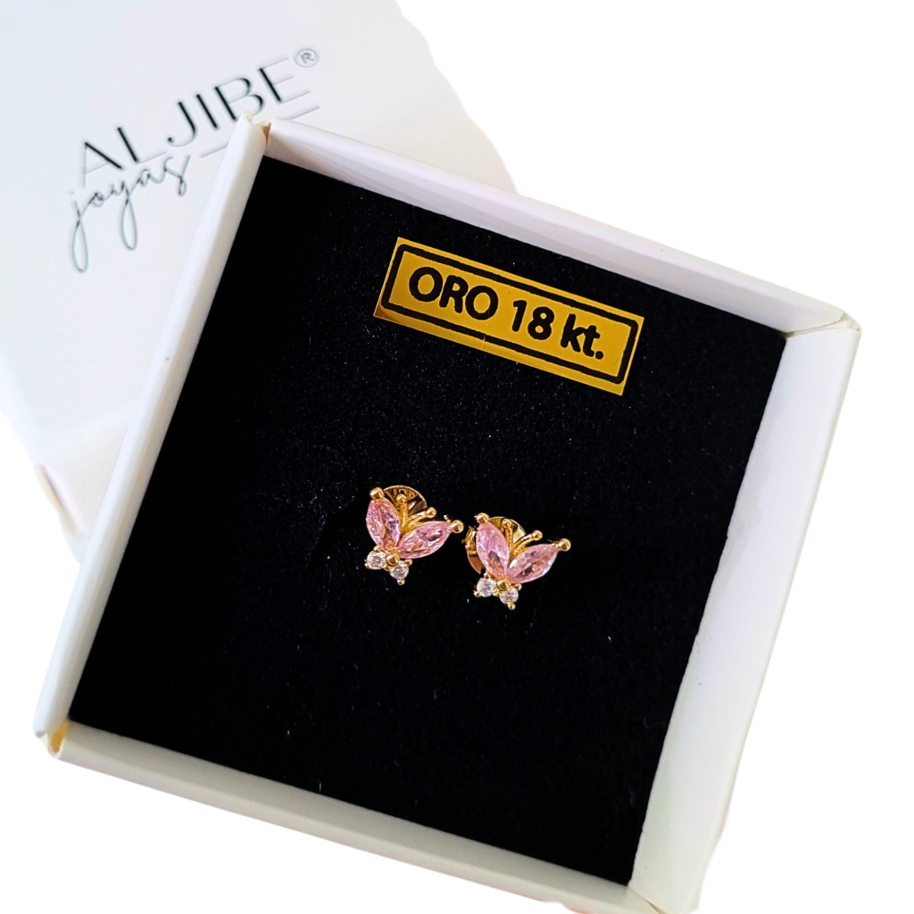 Aros Pasantes Mariposa Cubic Rosa Laminado en Oro Goldfilled 18k