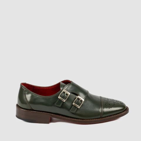 Zapato de Mujer Doble Hebilla Picado Flor Verde (417554)