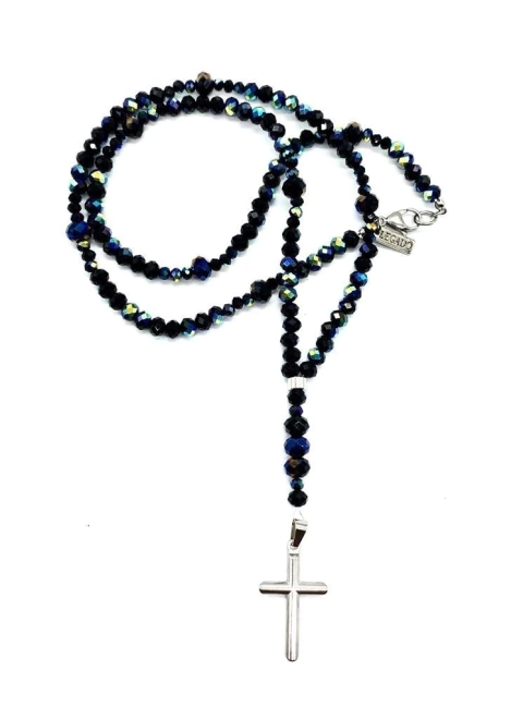 Rosario de Cristal de Roca Tornazolado Negro y Cruz de Acero/456