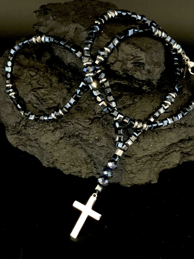 Rosario Cristal de Roca Cubo Gris y Cruz de Acero /477 thumbnail 2