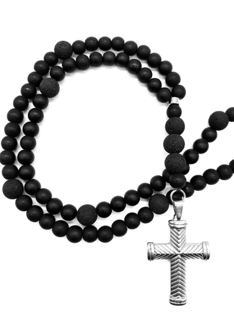 Rosario de Perlas de vidrio y Volcánica con Cruz de Acero macizo/464