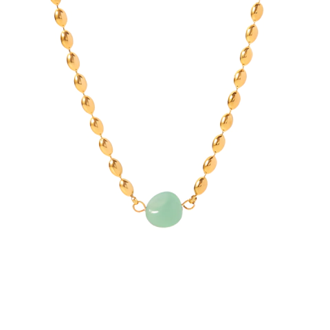 Collar Bolitas y Piedra Verde Gold (40cm)