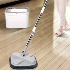 Mop rotatório quadrado smart clean (balde 10L c/cesto plástico e 1 refil) cinza/branco - Mood