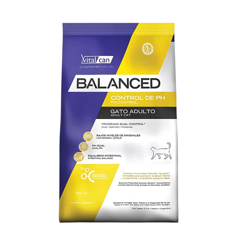 Bolsa de alimento Balanceado Vitalcan para gatos adultos, con control de pH y bajo contenido de minerales.