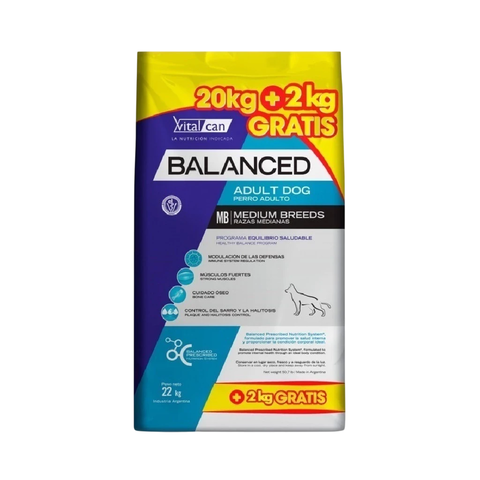 Bolsa de alimento Balanced para perros adultos de raza mediana, 20 kg más 2 kg gratis, marca Vitalcan.