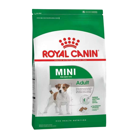 Bolsa de alimento seco para perros adultos de la marca Royal Canin, diseñada para perros mini de hasta 10 kg, con información sobre el peso y presentación del producto.