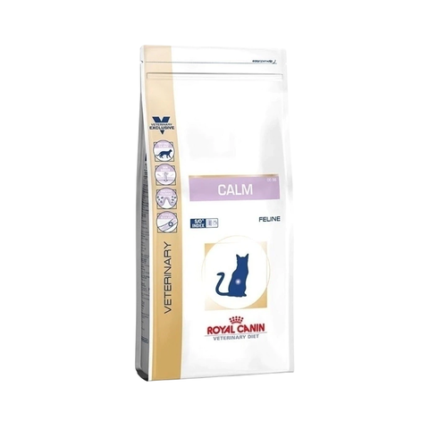 Bolsa de alimento Royal Canin para gatos Calm Cat con diseño blanco y beige, con logo y figura de gato azul