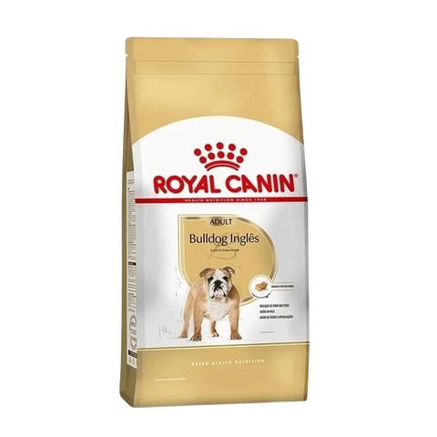 Bolsa de alimento Royal Canin para Bulldog Inglés adulto con imagen del perro y diseño en tonos beige y blanco
