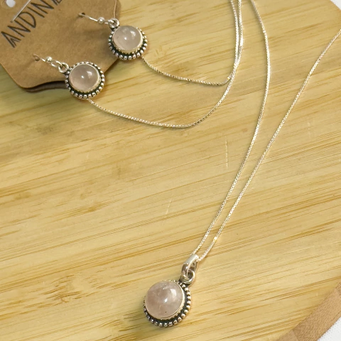 conjunto brinco e pingente quartzo rosa / pingente 2 cm / corrente 23 cm / brinco 2,5 cm - comprar online