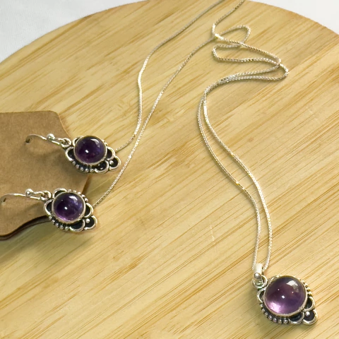 conjunto brinco e pingente pedra ametista / pingente 2,5 cm / brinco 3 cm - comprar online