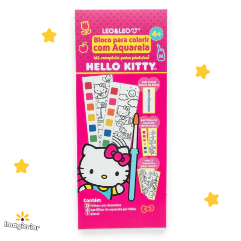 Bloco de Colorir com Aquarela Hello Kitty + Aquarela + Pincel Leo&Leo