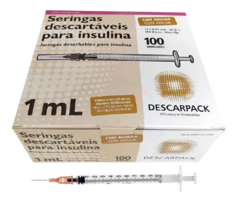 Seringa 1ml Luer Slip c/agulha 13x0,45mm -insulina 26g 100 U.I./cc - Caixa c/100und. - Descarpack