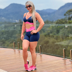 CONJUNTO SHORT HIT AZUL MARINHO COM ELÁSTICO ROSA NEON