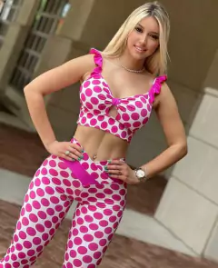CONJUNTO BOLINHA PINK TOP ALCINHA COM FRUFRU E LEGGING CÓS CRUZADO EMPINA BUMBUM
