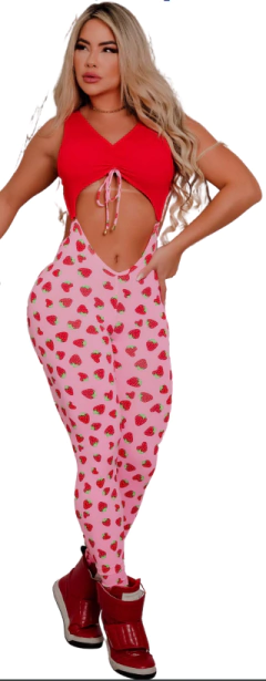 MACACÃO ARGOLINHA TOP FRANZIR VERMELHO CALÇA MORANGO ROSA