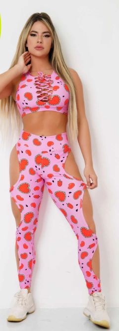 CONJUNTO ROSA CORAÇÃO DE MELANCIA FUSO EMPINA BUMBUM ARGOLINHA E TOP COLMÉIA