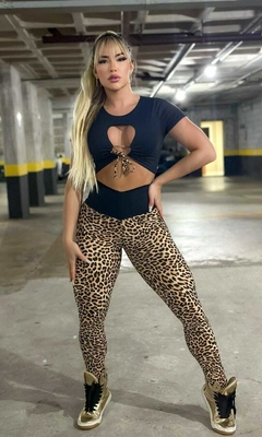 CONJUNTO EMPINA BUMBUM CALÇA ONÇA CROPPED BLACK EXCLUSIVO